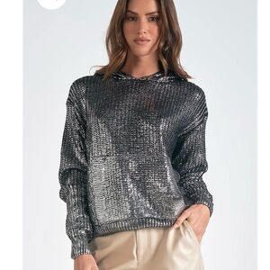 Elan Metallic Cable Knit Hoodie Envy by Melissa Gorga Women’s Size M
